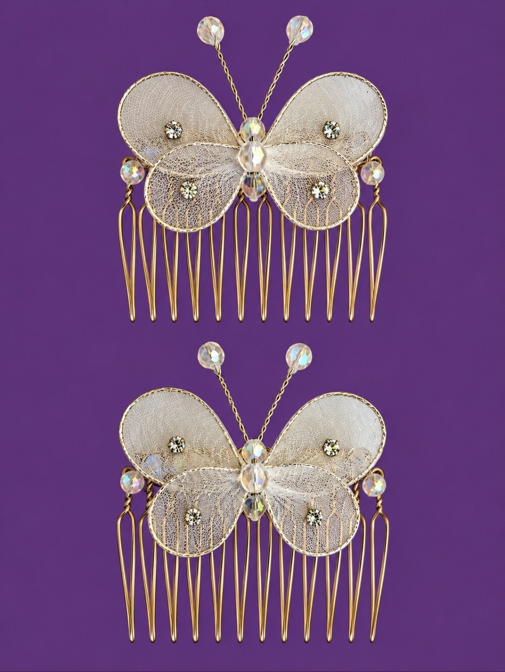 Vintage Silver Butterfly Formal Bridal Hair Comb Set